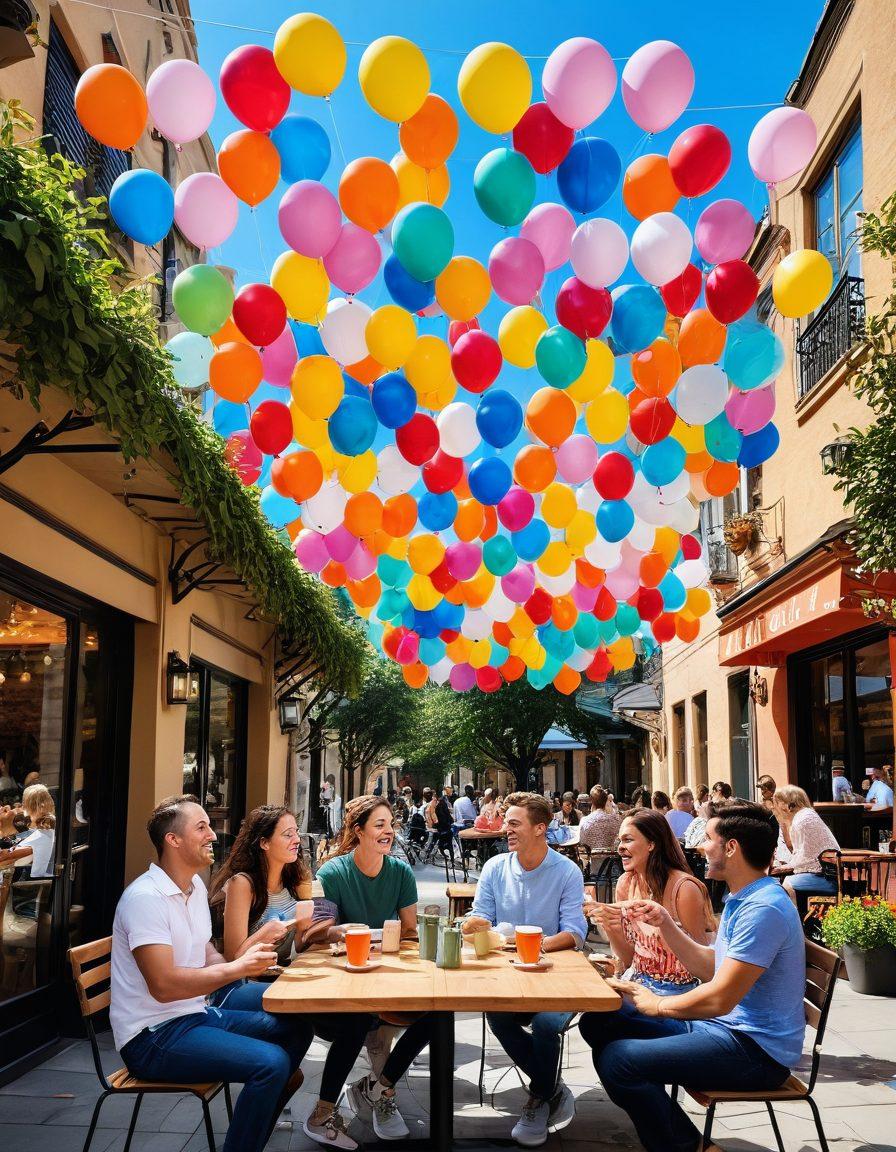 A lively scene depicting diverse groups of people engaging in joyful conversations at a colorful outdoor café, complete with laughter and warm smiles. Include elements like coffee cups, balloons, and a sunny backdrop to create an inviting atmosphere. The setting should feel vibrant and friendly, embodying the essence of sociable exchanges and joyful relationships. super-realistic. vibrant colors. sunny backdrop.