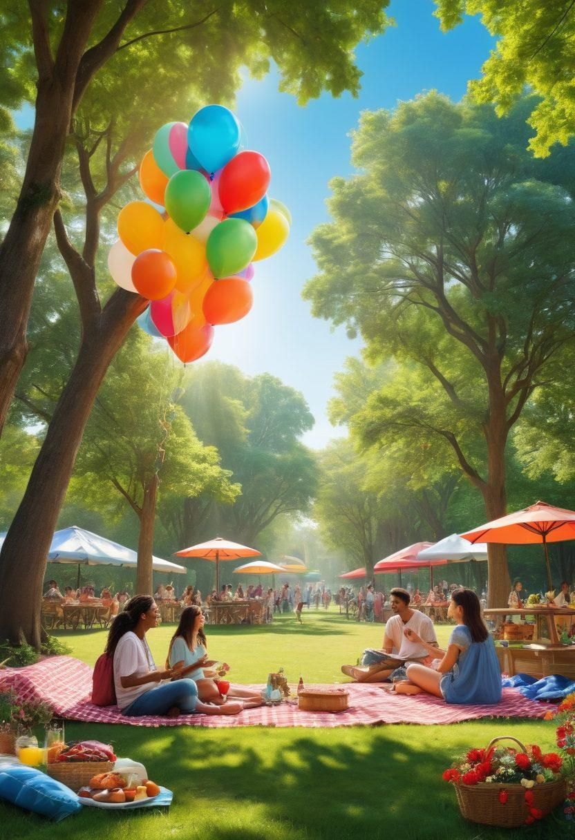 A joyful scene showcasing diverse groups of people engaging in friendly interactions, laughing and sharing experiences in a sun-soaked park filled with vibrant flowers and lush green trees. Incorporate elements like colorful balloons and a picnic setup to enhance the feeling of connection and happiness, capturing the essence of community. super-realistic. vibrant colors. idyllic background.